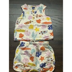 Old Navy Baby Double Weave Tank Top And Short Set Sz 6-12 Months  Fish Seashells